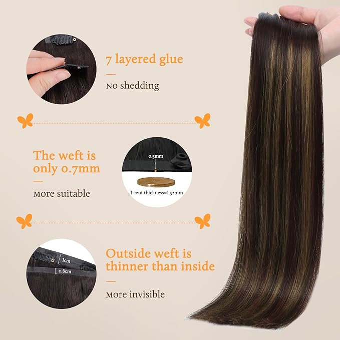 DOORES Clip in extensions - Real Human Hair with Invisible Edge, Dark Brown to Chestnut Brown 22 Inch 150g 7pcs, Straight Natural Virgin Hair