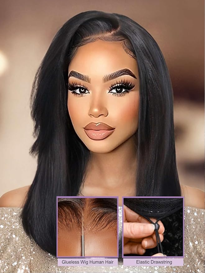 Yiroo Light Yaki Straight Wig Human Hair with Side Swept Bangs,7x5 Lace Front Bye Bye Knots Glueless Wig Human Hair Pre Plucked Pre Cut,Elastic Drawstring Wear and Go Wig for Women 150% Density 22Inch