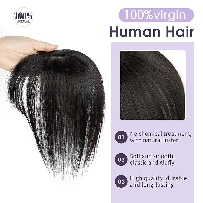 10 Inch Real Human Hair Topper with Bangs for Women Covers Thinning Crown, Clip-In Hair Topper for Thinning Hair (Natural Black)