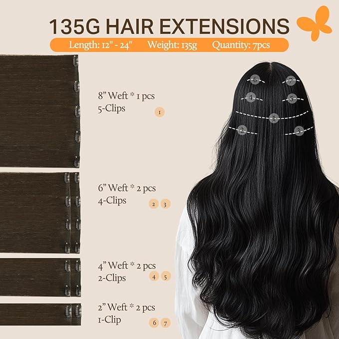 DOORES Human Hair Clip in Extensions, Light Dark Brown 16 Inch 135g 7pcs, Remy Clip in Hair Extensions Thick Weft for Women Clip in Silky Straight