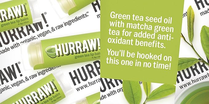 Hurraw! Green Tea Lip Balm, 3 Pack: Organic, Certified Vegan, Cruelty and Gluten Free. Non-GMO, 100% Natural Ingredients. Bee, Shea, Soy and Palm Free. Made in USA