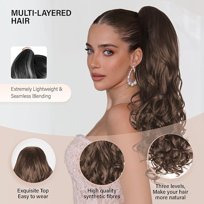 24 Inch Ponytail Extension, Clip on Ponytails for Women, Long Curly Wavy Ponytail Extensions for Women, Synthetic Layered Pony Tails Hair Extensions (Color: Dark Chocolate Brown)
