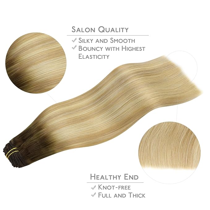 WENNALIFE Clip in Hair Extensions Real Human Hair, 14 Inch 120g 7pcs Human Hair Extensions Clip In Human Hair, Balayage Light Ash Brown to Light White Blonde Hair Extensions Clip In Real Hair Coloured