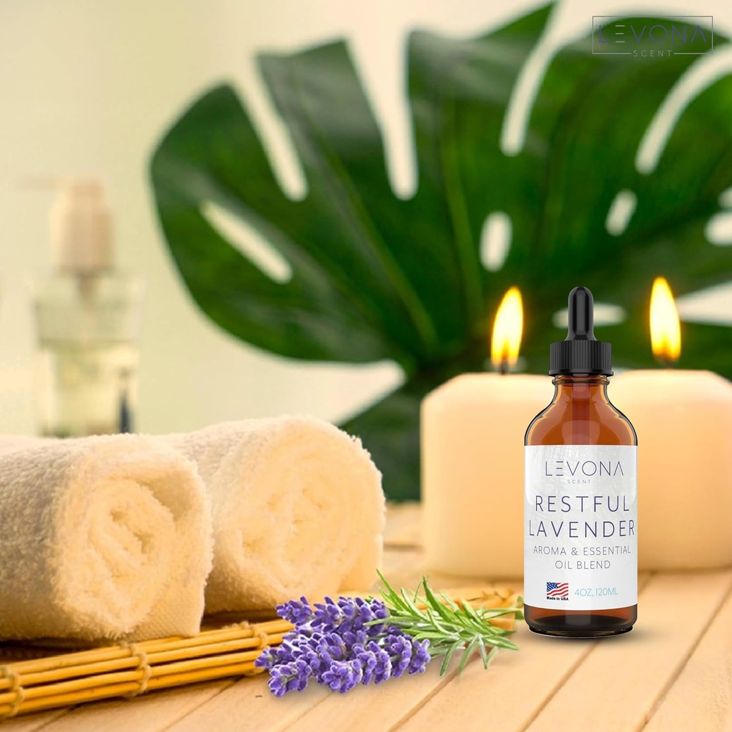 Levona Scent Essential Oils - Scents for Home, Hotel & Office Use - Perfect for Home Diffuser & Humidifiers - Aroma Fragrance Oil, Ideal for Massage, Relaxation, and Spa - Restful Lavender, 120ml