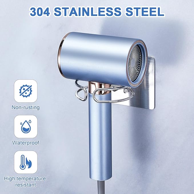 Blow Dryer Holder Wall Mounted, Hair Dryer Holder Stand for Most Hair Dryers Organizer and Storage, Self Adhesive Hairdryer Hanger Rack for Bathroom and Cabinet, Silver