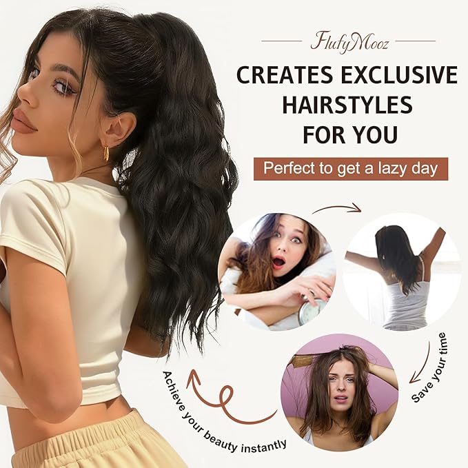 FLUFYMOOZ Ponytail Extension, 18 Inch Claw Clip Ponytail Extension, Wavy Curly Claw Clip in Ponytail Hair Extensions, Fake Ponytail Synthetic Hairpiece(Medium Brown with Medium Auburn)