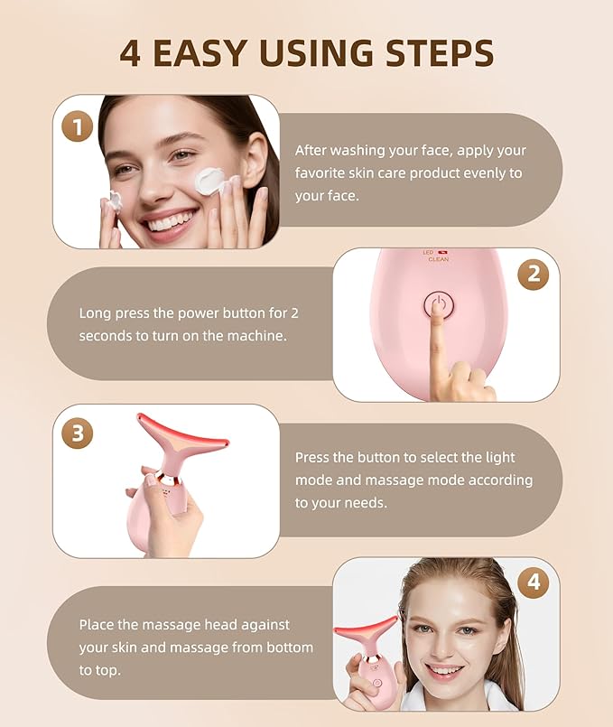 7 Color Face and Neck Massager Light Therapy, Red Light Based Facial Massager for Skin Care, Firming, Smoothing (Rose Golden)