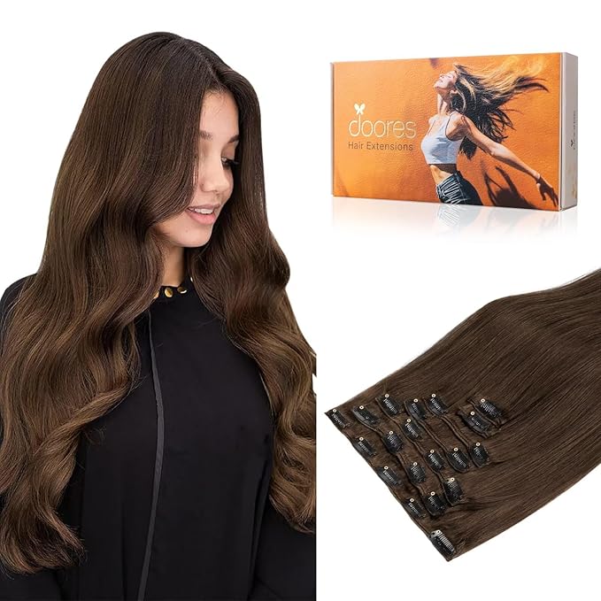 DOORES 24 Inch 120g Remy Hair Extensions Clip in Chocolate Brown Straight Clip in Human Hair Extensions Natural Hair Extensions Clip in Real Extensions 7pcs
