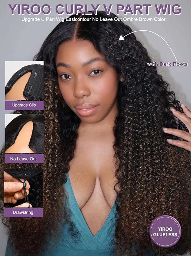 YIROO EasiContour V Part Ombre Brown Human Hair Wig Curly 12A Glueless Upgrade U Part Wig Ombre Black to Chestnut Brown No Leave Out V Shape Clip Wigs Ready to Go 150% Density Beginner Friendly 26Inch