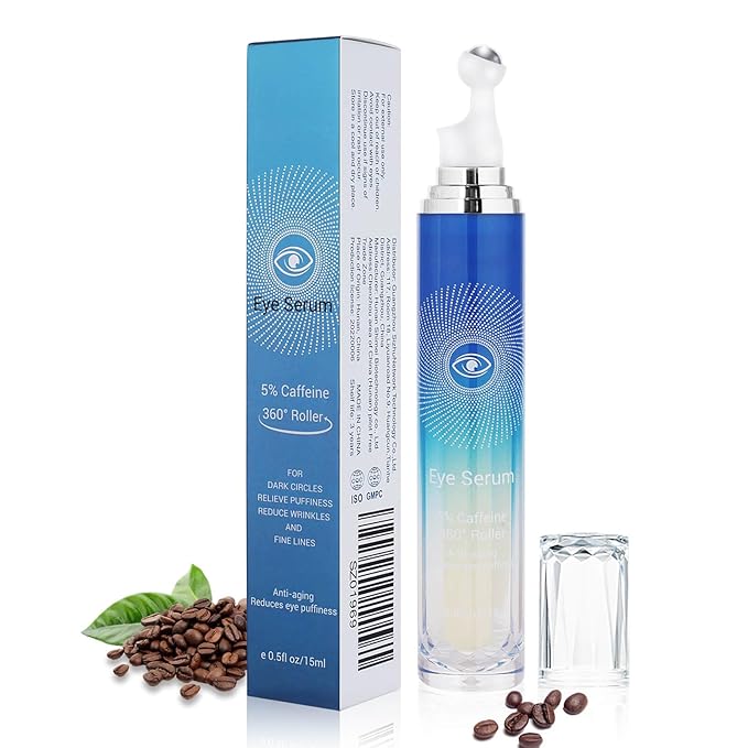 5% Caffeine Eye Serum with 360° Massage Rollerball Topper,Caffeine Eye Cream for Dark Circles,Wrinkles,Puffiness and Fine Lines,Under Eye Roller Cream Eye Bags Treatment for Women and Men