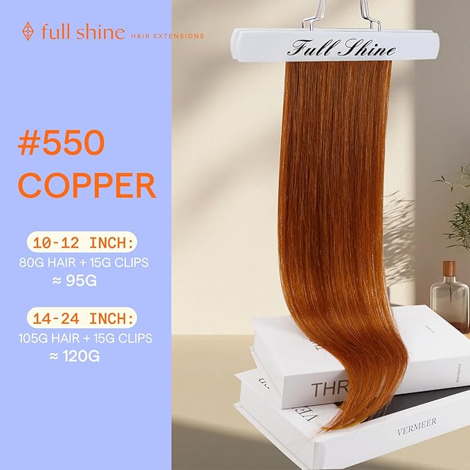 Full Shine Hair Extensions Clip in Human Hair Copper 10 Inch Short Invisible Clip on Hair Extensions Red Hair Clip in Extensions 7 Pcs 95 G