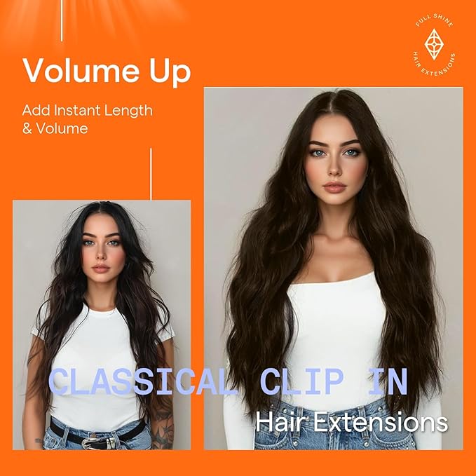 Full Shine 28 Inch Clip in Hair Extensions Real Human Hair Dark Brown Clip in Extensions Brown Real Hair Extensions Clip ins for Women Triple Weft Invisible 7 Pcs 150 G