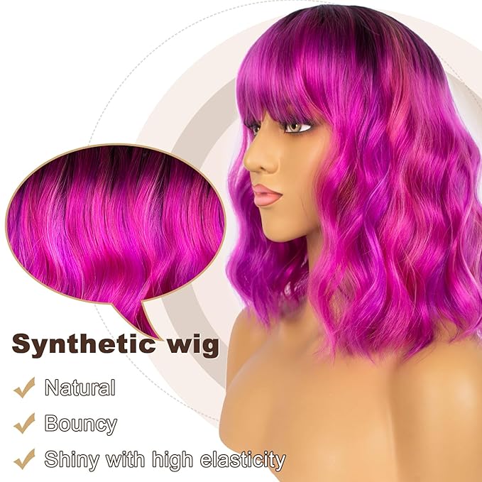 Colourful Short Bob Wigs with Bangs for Women Loose Wavy Wig Curly Wavy Shoulder Length Bob Synthetic Cosplay Wig for Girl Colorful Costume Wigs, Black-Rose mixed Purple