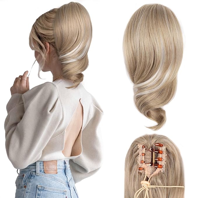 Clip on Ponytails for Women - 12 Inch Curly Ponytail Extension, Wavy Pony Tails Hair Extensions, Synthetic Hair Extensions Ponytail, Clip in Ponytail (Color: Ash Blonde with White Highlights)