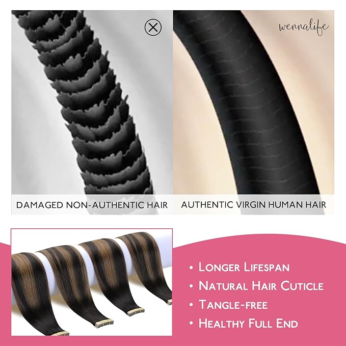 WENNALIFE Tape in Hair Extensions Human Hair Balayage Natural Black to Chestnut Brown Tape in Extensions, 10pcs 30g 20 inch Remy Invisible Tape Ins Straight Soft Real Human Hair Tape in Extensions