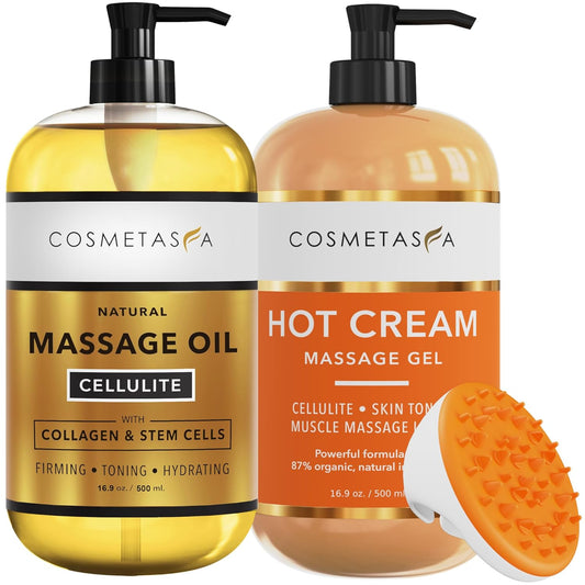 Cellulite Massage Oil, Gel & Mitt - Natural Hot Cream Massage Gel, Oil & Massager - Firm, Tone, Tighten & Moisturize Skin. Soothes Muscles (16.9 oz)