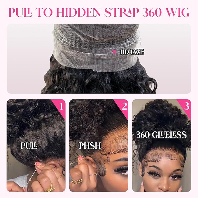 360 Glueless Wigs Human Hair 30 Inch Pre Plucked Hidden Strap Deep Wave Lace Front Human Hair Wigs With Drawstring 180 Density Wet and Wavy HD Full Lace Front Wigs Human Hair