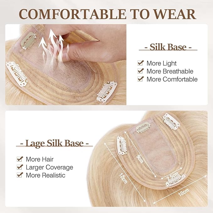 Rich Choices Hair Toppers for Women Real Human Hair 100% Human Remy Toppers with Thinning Hairs NO Bangs Clip in Hairpiece 4"x4.7"Lace Base 18 Inch #18P613 Ash Blonde Highlights Bleach Blonde