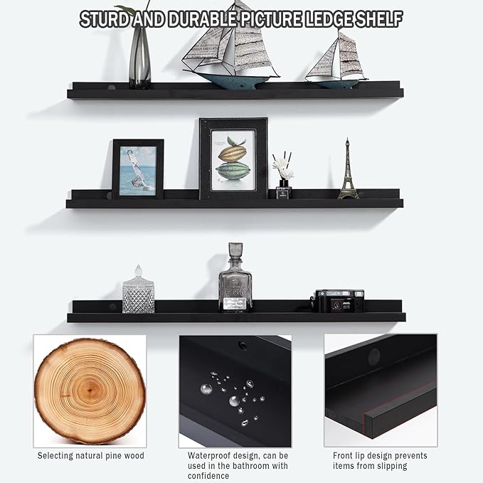 AZSKY Floating Picture Ledge Shelves for Wall Set of 3, 36 Inch Photo Shelves with Lip Long Large Nursery Book Shelf for Toys Storage Kids Bookshelf Wall Mounted Living Room Bedroom Decor Frames