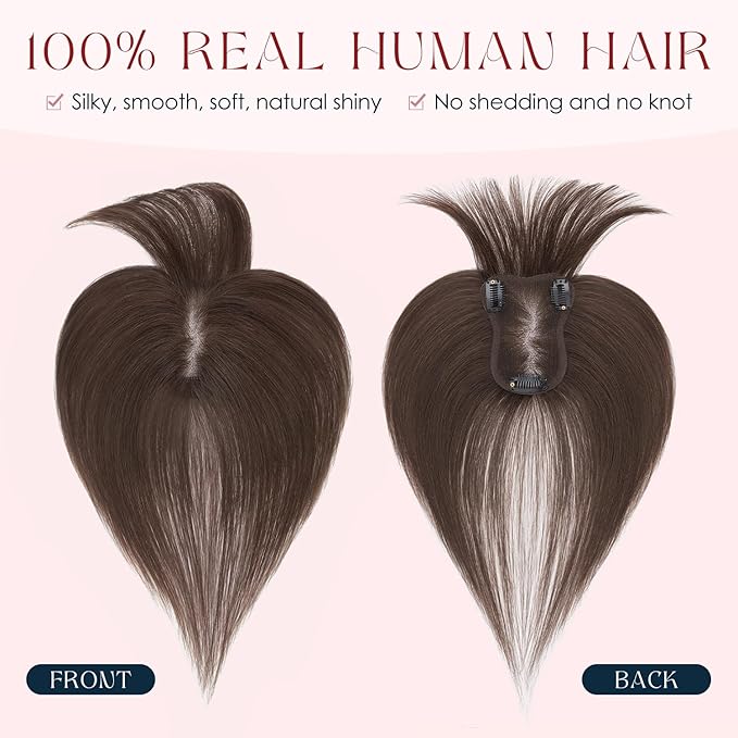 Human Hair Topper with Bangs for Women, 360° Cover Clip in Fringe Bangs Hair Toppers Hair Piece Dark Brown-3.15x4.33 Hand-tied Base (Dark Brown)