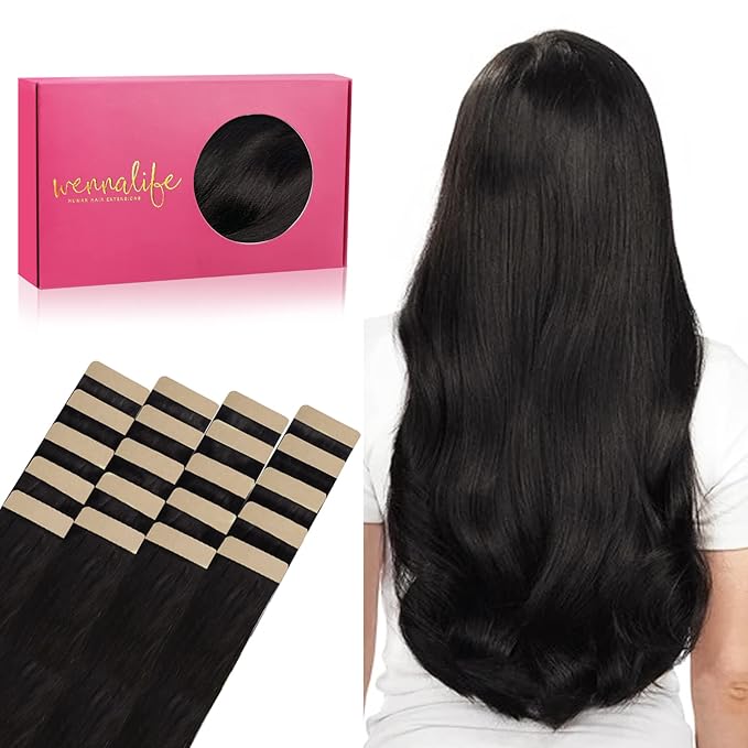 WENNALIFE Tape in Hair Extensions Human Hair, 20pcs 60g 28 inch Natural Black Remy Hair Extensions Straight Human Hair Tape in Extensions Skin Weft Tape Extensions Human Hair