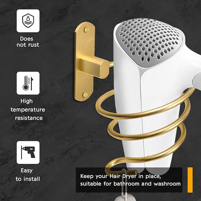 Bathroom Hair Dryer Holder Hair Care Tools Holder Wall Mount (Gold)