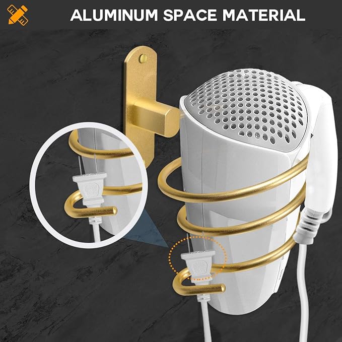 Bathroom Hair Dryer Holder Hair Care Tools Holder Wall Mount (Gold)