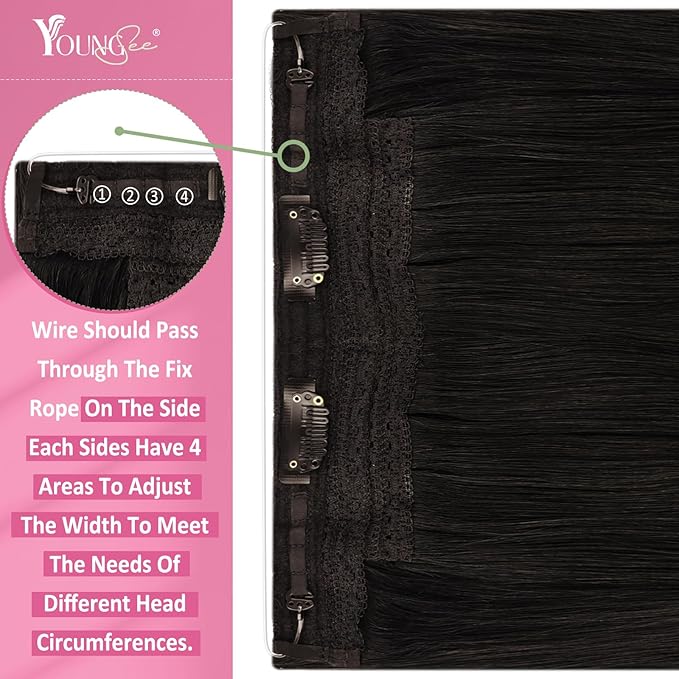 YoungSee 135G Wire Hair Extensions Real Human Hair Darkest Brown Hair Extensions Invisible Wire Dark Brown Layered One Pice Hair Extension for Women 24Inch