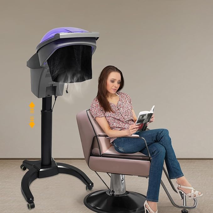 Standing Hair Steamer, 7 Color Hooded Micro Ozone Hair Care Machine Adjustable Height & Wheels with Intelligent Operation Panel for Oiling/Coloring/Conditioning/Perming (Black)