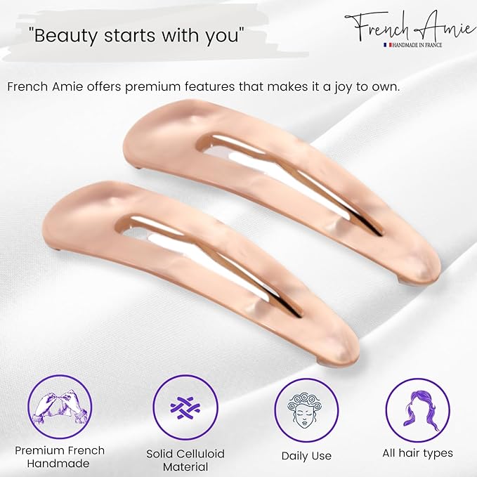 French Amie Clic Clac Large Handmade Celluloid Acetate Set of 2 Snap Hair Clips No Slip Side Slide-in Barrette for Women and Girls (Glossy Golden)