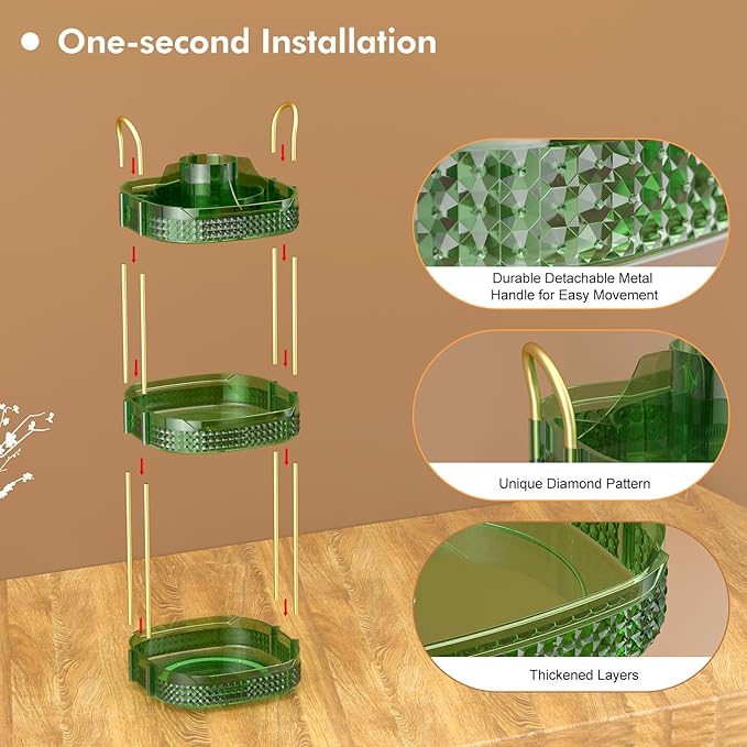 Awenia Rotating Makeup Organizer 360, Stackable Adjustable Large Capacity Cosmetic Storage Unit,Dresser Bathroom Kitchen Countertop Organizer with Metal Handle, Plus Size (Gem Green, 3 Tier)