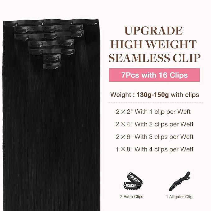 GOO GOO Clip in Hair Extensions Real Human Hair, Remy Human Hair Extensions Clip ins for Women, Natural Human Hair, 20inch 150g 7Pcs, 1 Jet black