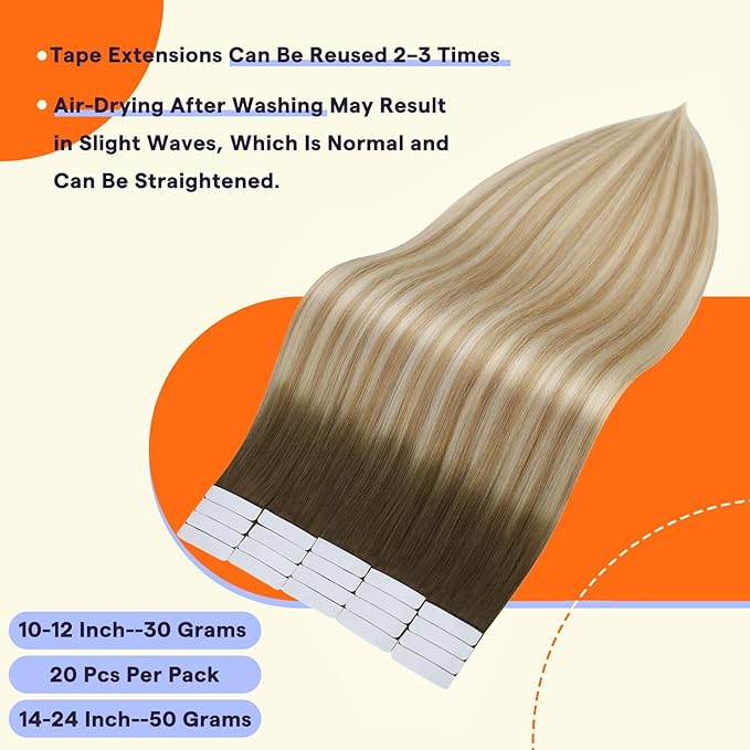 Full Shine Tape Hair Extensions Human Hair 16 Inch 50 Grams Tape in Hair Extensions Double Sided Color 6 Fading to 27 Honey Blonde Highlight 60 Blonde Seamless Skin Weft Extensions 20PCS Add Volume