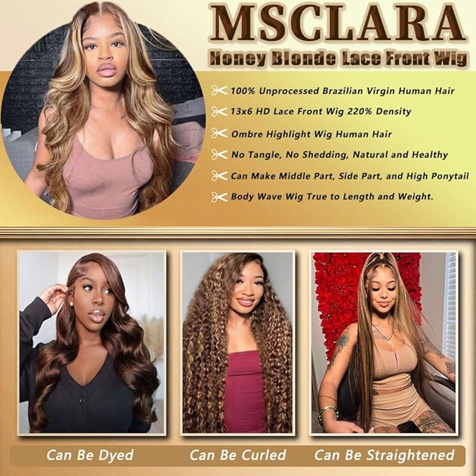 Honey Blonde Lace Front Wig Pre Plucked 13x6 HD Lace Front Wigs Human Hair 220 Density Ombre Highlight Wig Body Wave Wig P4/27 Colored for Women Human Hair Wig 28 Inch