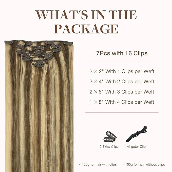 GOO GOO Clip in Hair Extensions Real Human Hair, Remy Human Hair Extensions Clip ins for Women, Natural Human Hair, 22inch 120g 7Pcs, 8A/22 Medium Brown Highlighted Golden Blonde