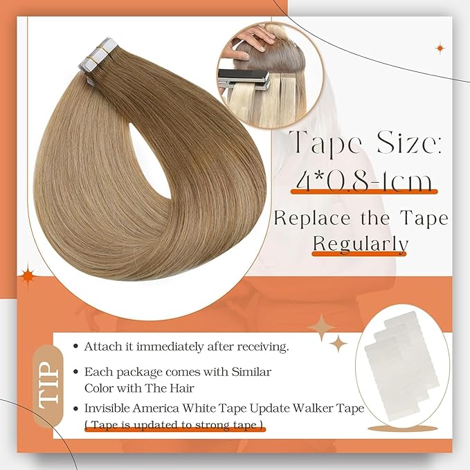 Full Shine Tape in Human Hair Extensions Seamless Tape ins Extensions 14 Inch 10 Golden Brown to 14 Dark Blonde Balayage Hair Extensions Tape in 50 Gram Straight Invisible Tape Hair 20pcs