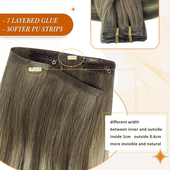 Full Shine Balayage Clip in Hair Extensions 18 Inch Ash Brown to Cool Blonde Real Human Hair with PU Weft Clip in Hair Extension Real Human Hair 8 PCS 120 G