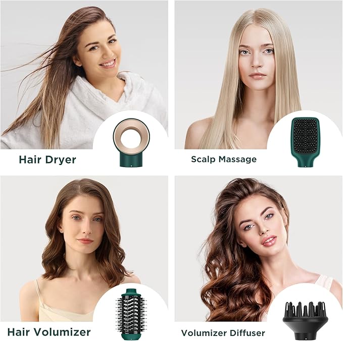 IG INGLAM Hair Dryer Brush, 4-in-1 Detachable Blow Dryer Brush, Ionic Diffuser Hair Dryer & Styler Volumizer with Oval Titanium Barrel, One-Step Hot Air Blowout Styler, Dark Green