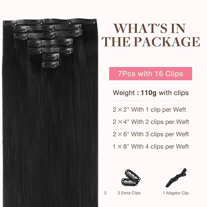 GOO GOO Clip in Hair Extensions Real Human Hair, Remy Human Hair Extensions Clip ins for Women, Natural Human Hair, 24inch 140g 7Pcs, #1B Natural Black