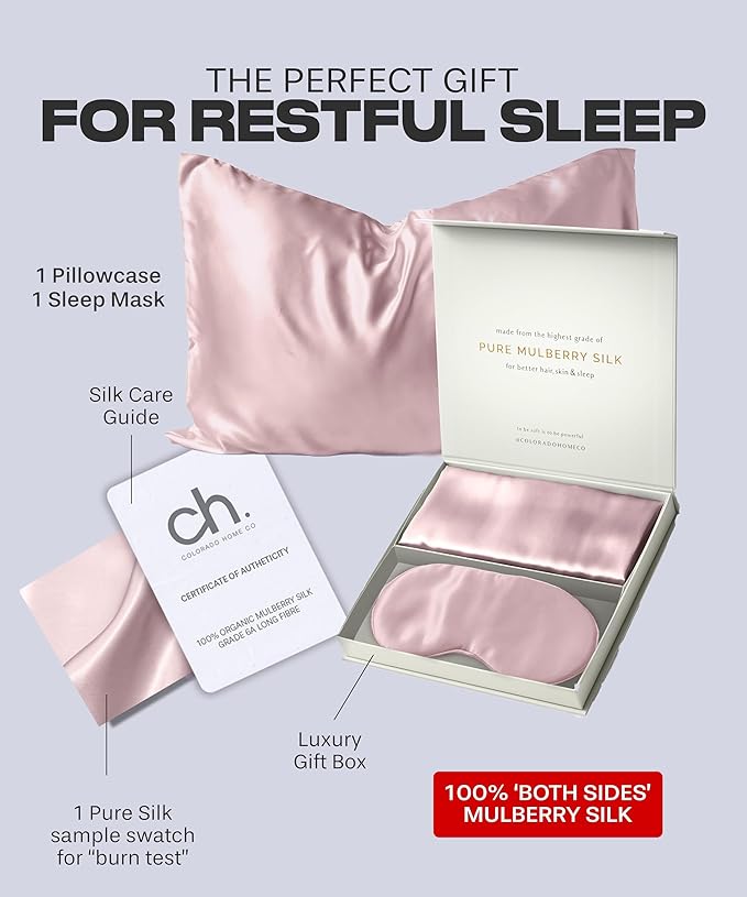 Colorado Home Co Silk Pillowcase for Hair and Skin - Pink Quartz Queen Size 100% Silk Pillow Covers - 20x30 - Pillow Case for Acne with Eye Mask for Sleeping