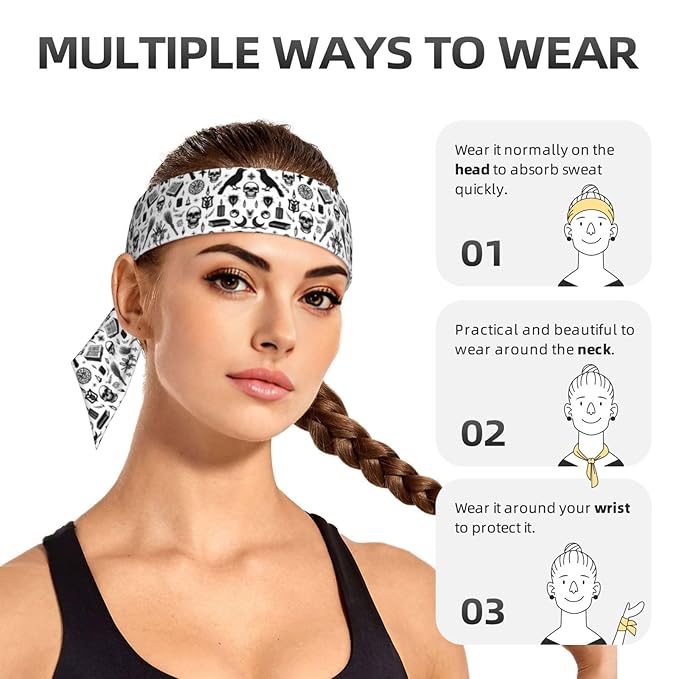 Men's Women Novelty Sports Sweat Bands Hair Decor for Sports Workout Spa, Long Boho Style Gothic Trippy Moon Skull Dark Black Cat Witch Magic Spirit Board Head Band Headdress