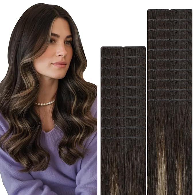 VINBAO 60g Invisi Edge Tape in Extensions Human Hair Balayage, Dark Brown Mixed Chestnut Brown Ombre 20pcs Injected Tape in Hair Extensions Invisible 22inch #2/6/2