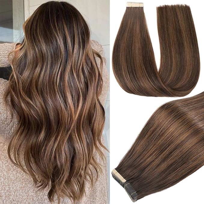 Tape in Hair Extensions Human Hair 20pcs Remy Hair Extensions 18 Inch Balayage Dark Brown Mixed Chestnut Brown Human Hair Tape in Extensions Skin Weft Tape Extensions Human Hair (2/2/6#,18 Inch)