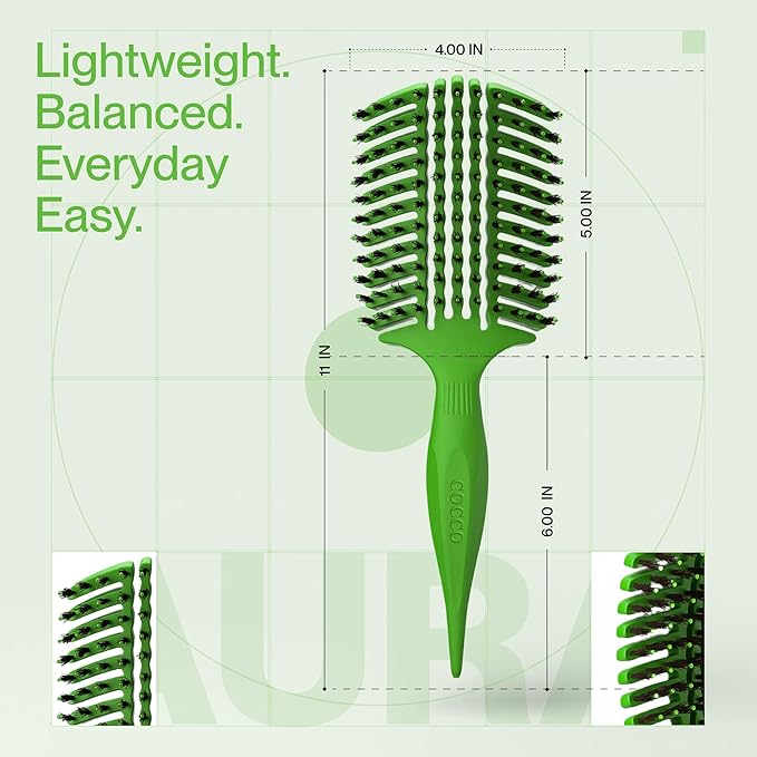 COCCO Aura Vent Boar Brush | Vented Dual-Curved Design for Faster Drying, Effortless Detangling & Shine, Boar + Nylon Bristles, Ergonomic Comfort Handle for Wet & Dry Hair Styling - Green