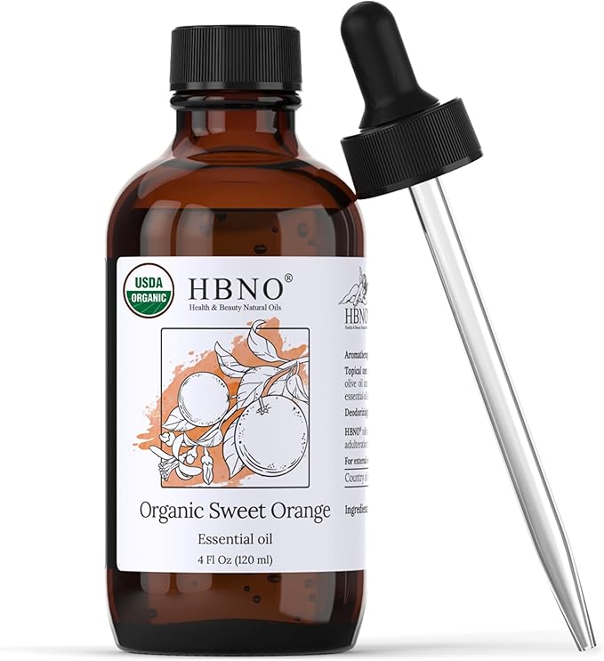 HBNO Organic Orange Essential Oil - Huge 4 oz (120ml) Value Size - USDA Certified Organic Orange Essential Oil, Cold Pressed for Aromatherapy, Soap Making, DIY, Diffuser