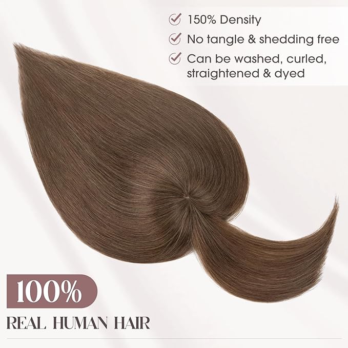 MY-LADY Human Hair Toppers for Women Real Human Hair with Bangs Thin 8.5 * 8.5CM Mono Base Clip in Remy Hairpieces Light Weight 14 Inch Medium Brown