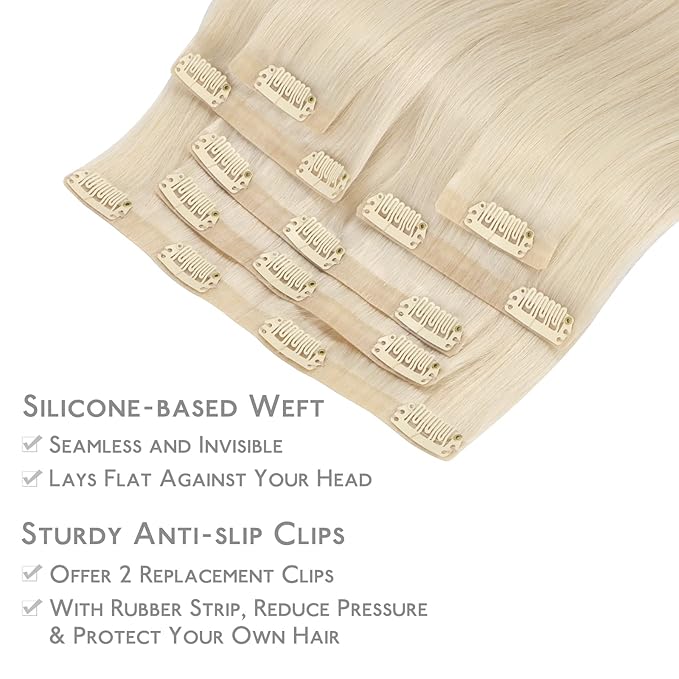 WENNALIFE Seamless Clip In Hair Extensions Human Hair, 24 Inch 160g 7pcs Platinum Blonde Real Hair Extensions Clip in Human Hair Invisible PU Skin Weft Natural Remy Human Hair Extensions