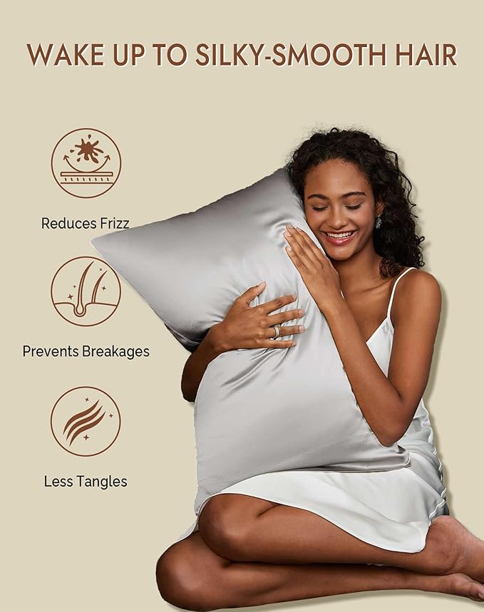 SilkSilky 100% Mulberry Silk Pillowcase - Pure 22 Momme High-Grade 6A Fibers for Hair & Skin, Envelope Closure, Natural, Organic, Breathable & Cooling Pillow Case (King, Silver)