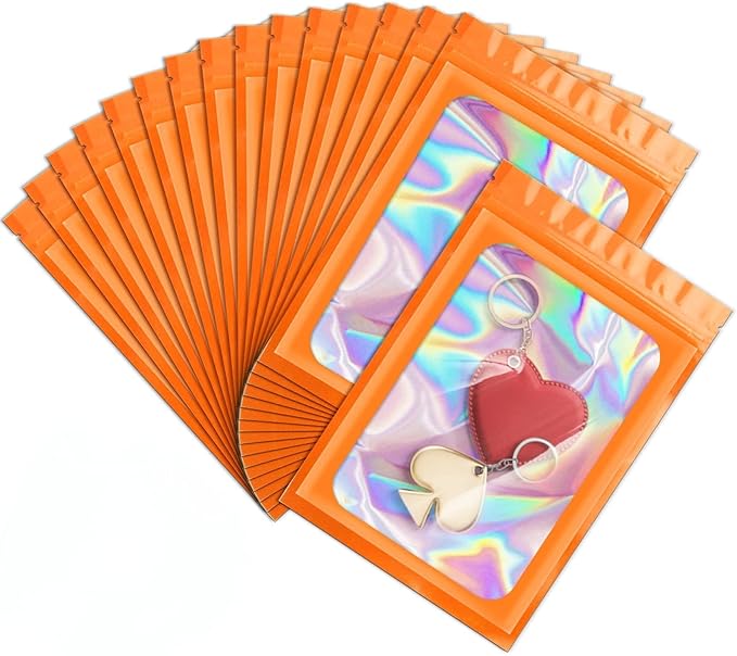 ANZNKU 100 Pcs Smell Proof Mylar Resealable Bags, Holographic Packaging Bags, Resealable Odor Foil Pouch Zip Bag with Clear Window for Food Storage and Lipgloss, Jewelry Lash (Orange, 4.7 x 7.9 Inch)