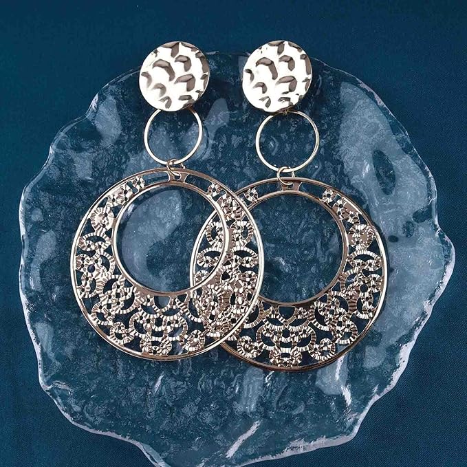 Boho Large Filigree Disc Dangle Earrings Stud Vintage Tribal Ethnic Hollow Carved Earrings Gold Geometric Floral Hoop Drop Earrings Statement Wedding Prom Earrings Jewelry for Women Girls